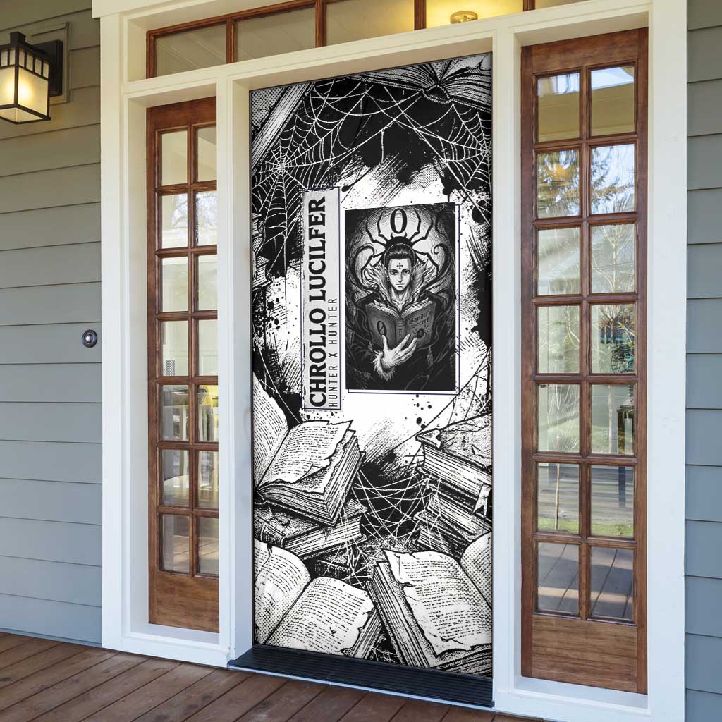 Chrollo Lucilfer Gothic Style Door Cover with Spider Webs, Grimoire Illustration and Monochrome Design - The Mazicc