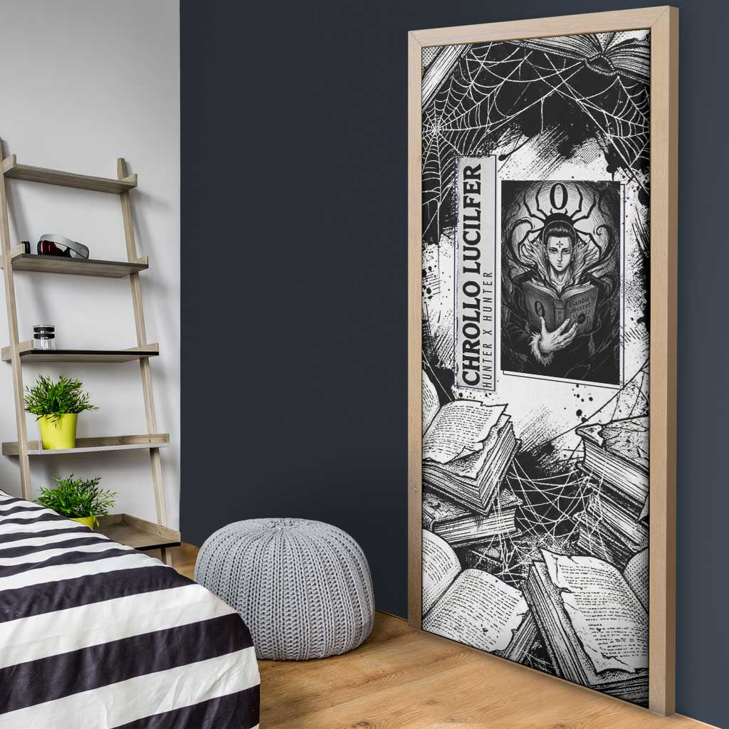 Chrollo Lucilfer Gothic Style Door Cover with Spider Webs, Grimoire Illustration and Monochrome Design - The Mazicc