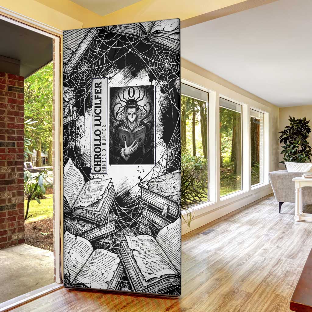 Chrollo Lucilfer Gothic Style Door Cover with Spider Webs, Grimoire Illustration and Monochrome Design - The Mazicc