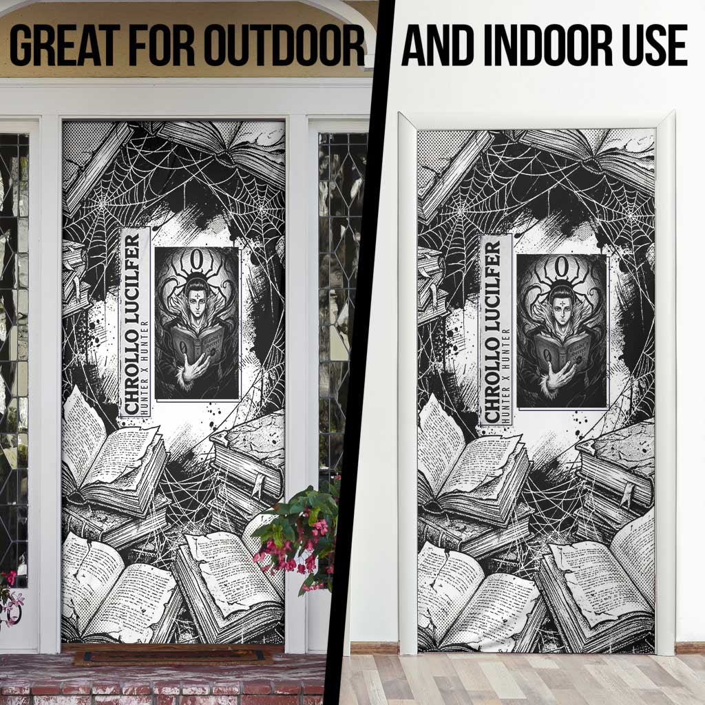 Chrollo Lucilfer Gothic Style Door Cover with Spider Webs, Grimoire Illustration and Monochrome Design - The Mazicc