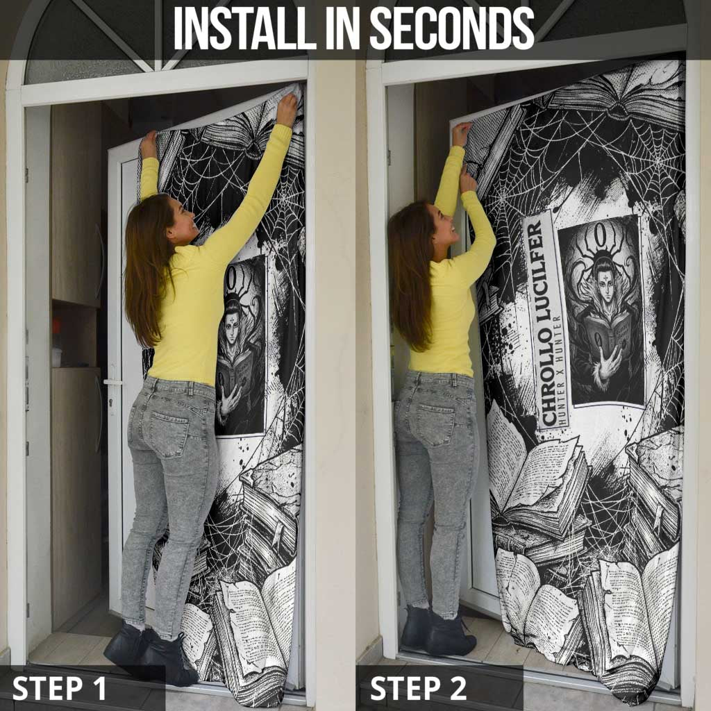 Chrollo Lucilfer Gothic Style Door Cover with Spider Webs, Grimoire Illustration and Monochrome Design - The Mazicc