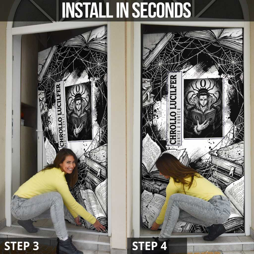 Chrollo Lucilfer Gothic Style Door Cover with Spider Webs, Grimoire Illustration and Monochrome Design - The Mazicc