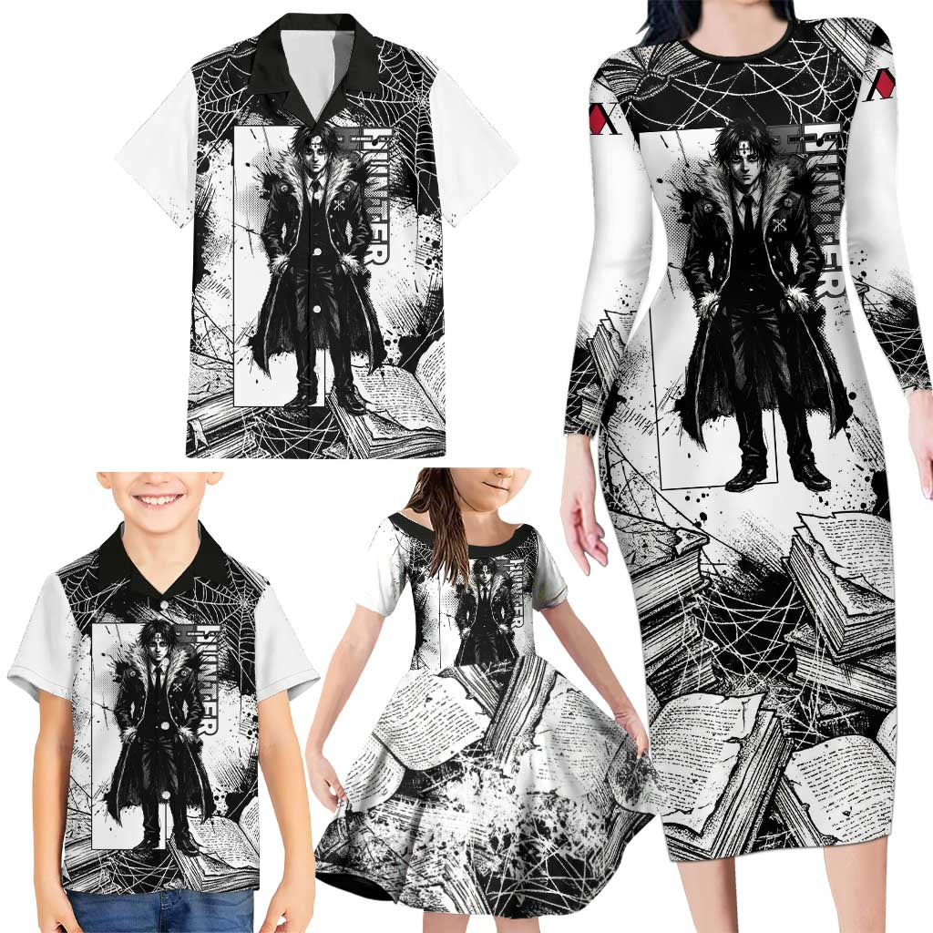 Chrollo Lucilfer Gothic Style Family Matching Long Sleeve Bodycon Dress and Hawaiian Shirt with Spider Webs, Grimoire Illustration and Monochrome Design