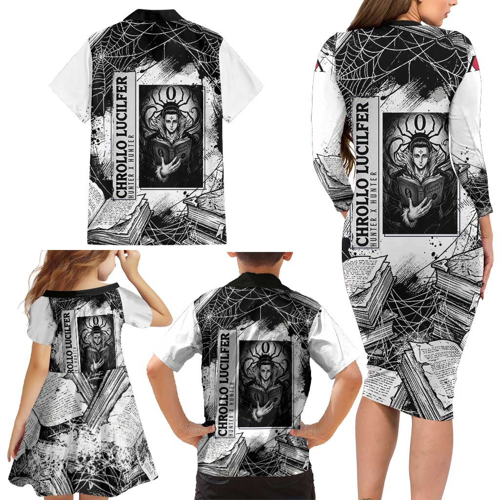 Chrollo Lucilfer Gothic Style Family Matching Long Sleeve Bodycon Dress and Hawaiian Shirt with Spider Webs, Grimoire Illustration and Monochrome Design
