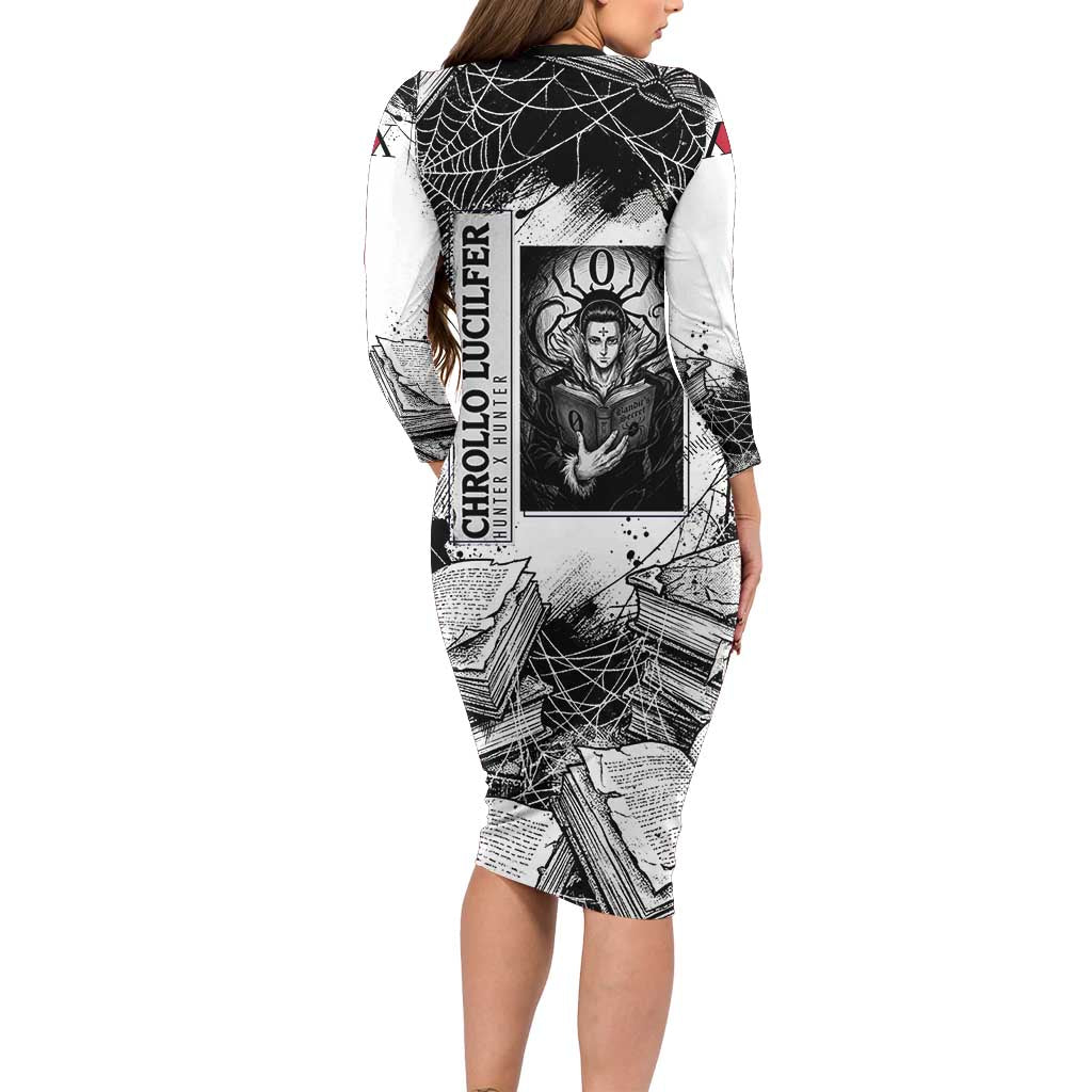 Chrollo Lucilfer Gothic Style Family Matching Long Sleeve Bodycon Dress and Hawaiian Shirt with Spider Webs, Grimoire Illustration and Monochrome Design