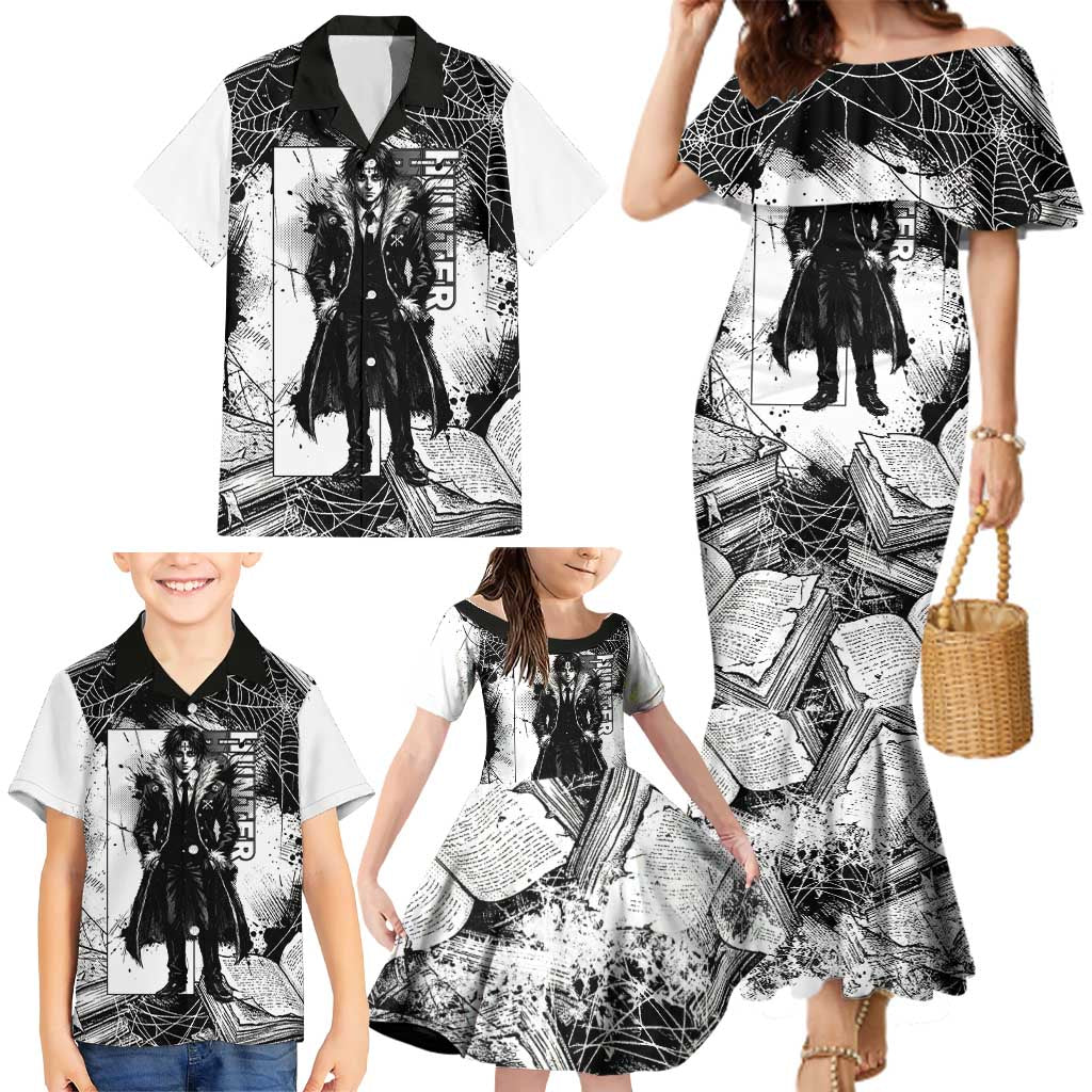 Chrollo Lucilfer Gothic Style Family Matching Mermaid Dress and Hawaiian Shirt with Spider Webs, Grimoire Illustration and Monochrome Design