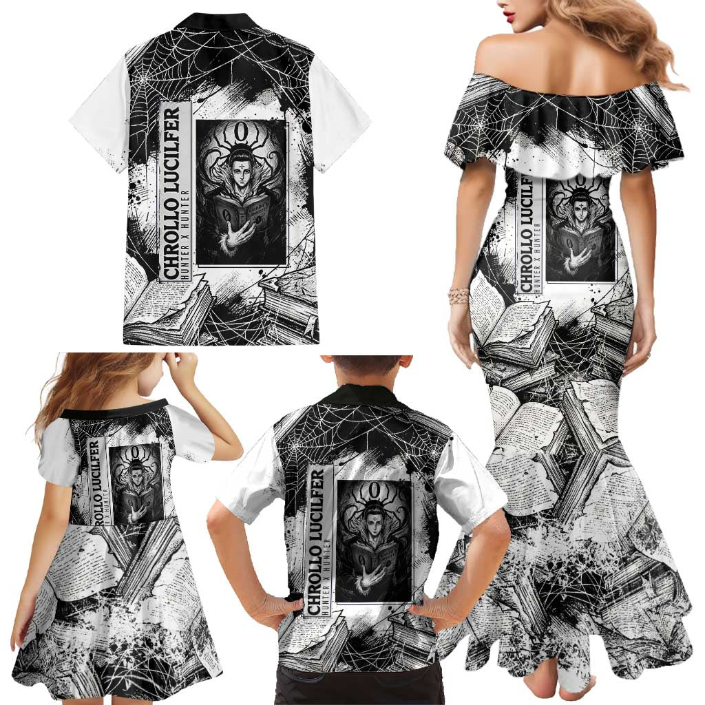 Chrollo Lucilfer Gothic Style Family Matching Mermaid Dress and Hawaiian Shirt with Spider Webs, Grimoire Illustration and Monochrome Design
