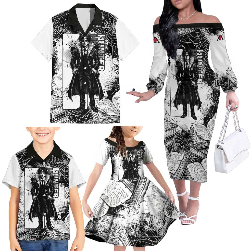 Chrollo Lucilfer Gothic Style Family Matching Off The Shoulder Long Sleeve Dress and Hawaiian Shirt with Spider Webs, Grimoire Illustration and Monochrome Design