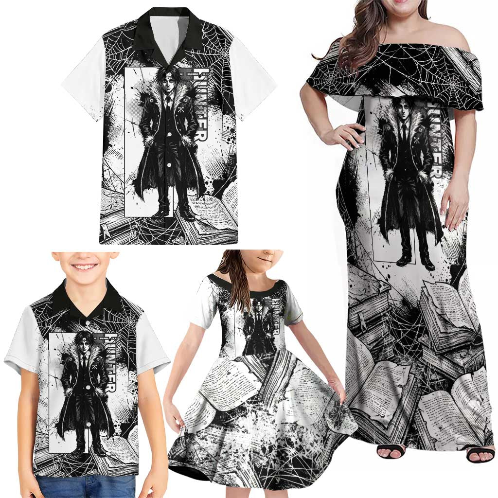 Chrollo Lucilfer Gothic Style Family Matching Off Shoulder Maxi Dress and Hawaiian Shirt with Spider Webs, Grimoire Illustration and Monochrome Design