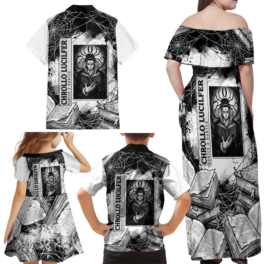 Chrollo Lucilfer Gothic Style Family Matching Off Shoulder Maxi Dress and Hawaiian Shirt with Spider Webs, Grimoire Illustration and Monochrome Design