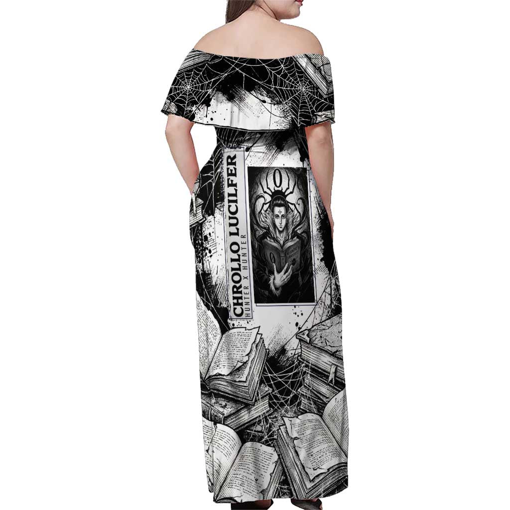 Chrollo Lucilfer Gothic Style Family Matching Off Shoulder Maxi Dress and Hawaiian Shirt with Spider Webs, Grimoire Illustration and Monochrome Design