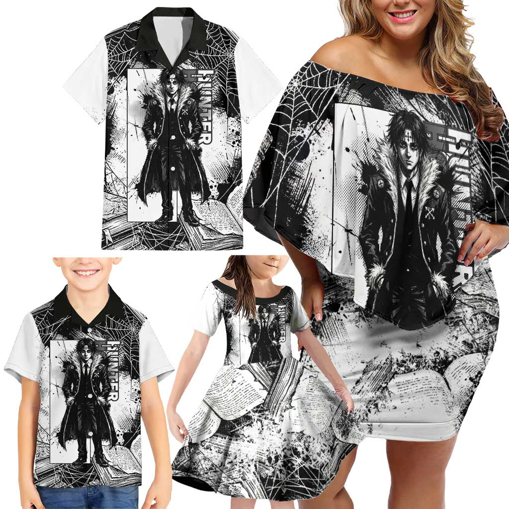 Chrollo Lucilfer Gothic Style Family Matching Off Shoulder Short Dress and Hawaiian Shirt with Spider Webs, Grimoire Illustration and Monochrome Design