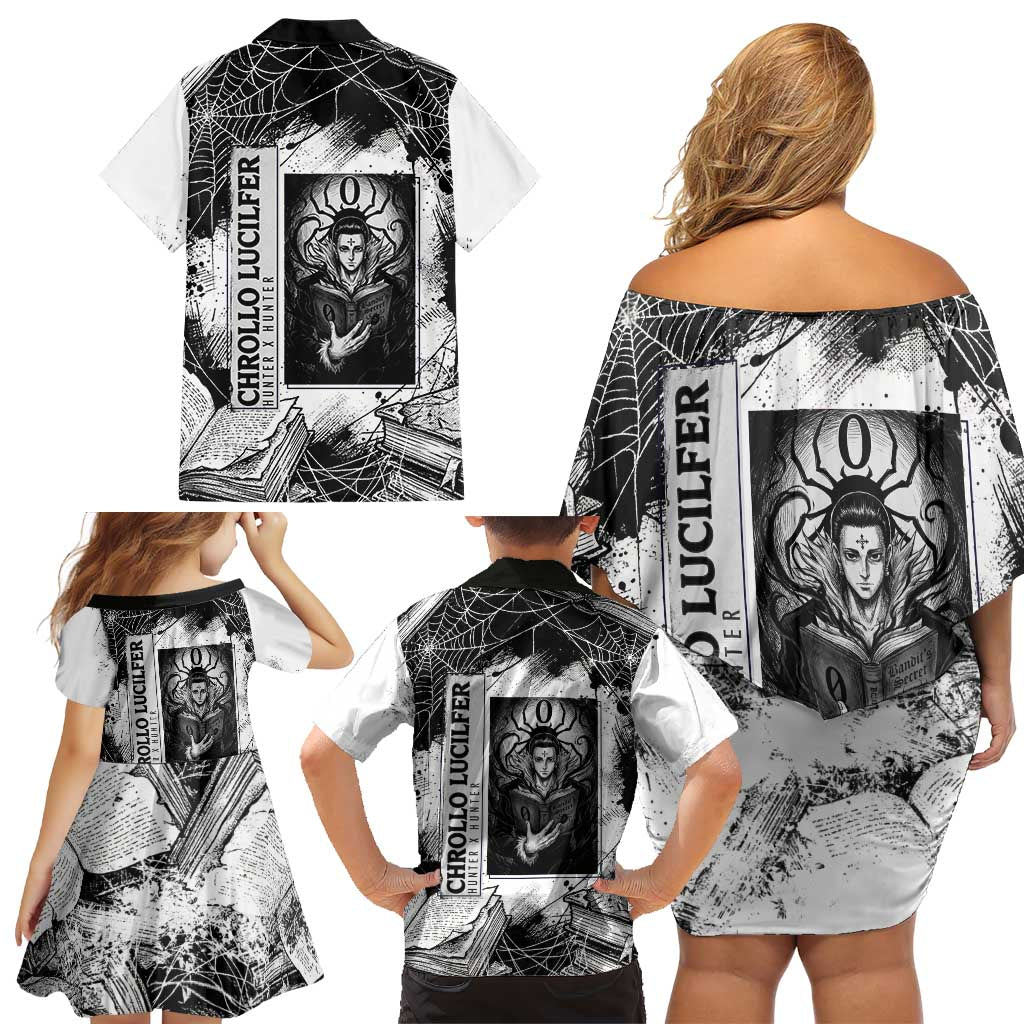 Chrollo Lucilfer Gothic Style Family Matching Off Shoulder Short Dress and Hawaiian Shirt with Spider Webs, Grimoire Illustration and Monochrome Design