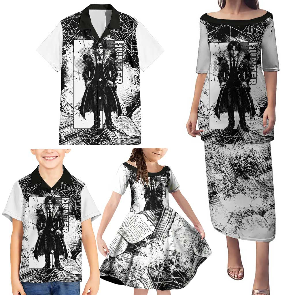 Chrollo Lucilfer Gothic Style Family Matching Puletasi and Hawaiian Shirt with Spider Webs, Grimoire Illustration and Monochrome Design