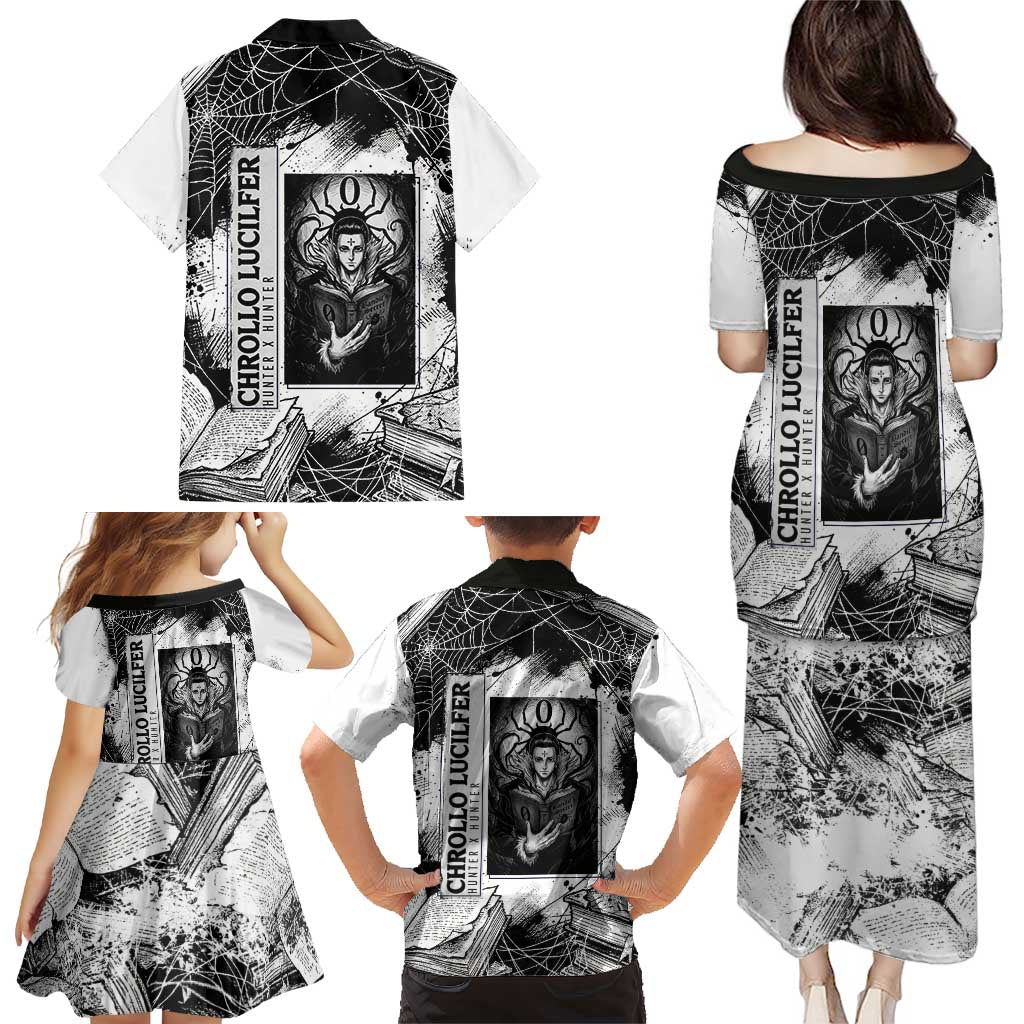 Chrollo Lucilfer Gothic Style Family Matching Puletasi and Hawaiian Shirt with Spider Webs, Grimoire Illustration and Monochrome Design
