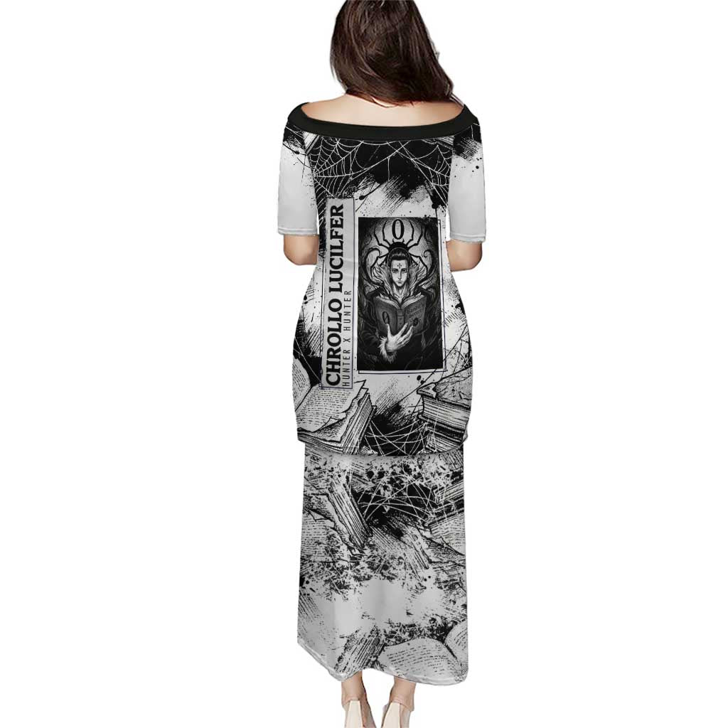 Chrollo Lucilfer Gothic Style Family Matching Puletasi and Hawaiian Shirt with Spider Webs, Grimoire Illustration and Monochrome Design