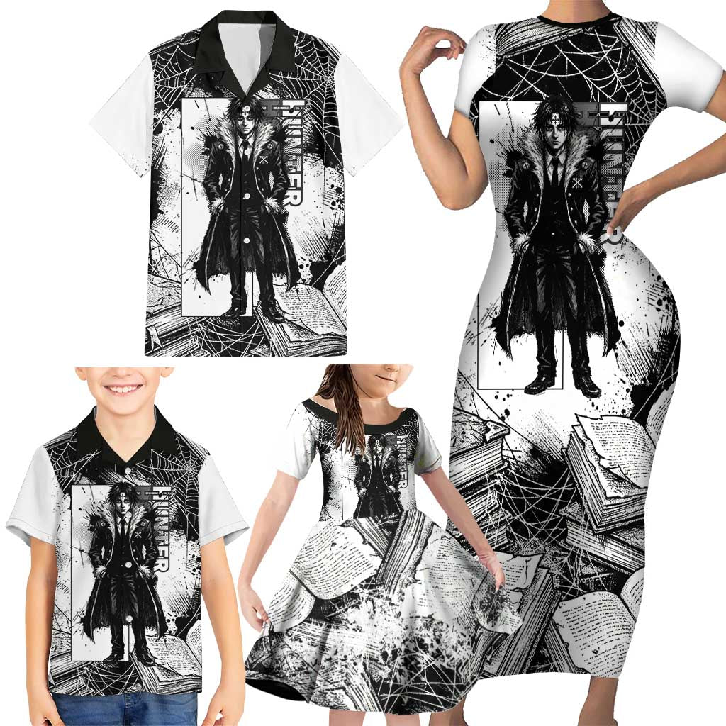 Chrollo Lucilfer Gothic Style Family Matching Short Sleeve Bodycon Dress and Hawaiian Shirt with Spider Webs, Grimoire Illustration and Monochrome Design