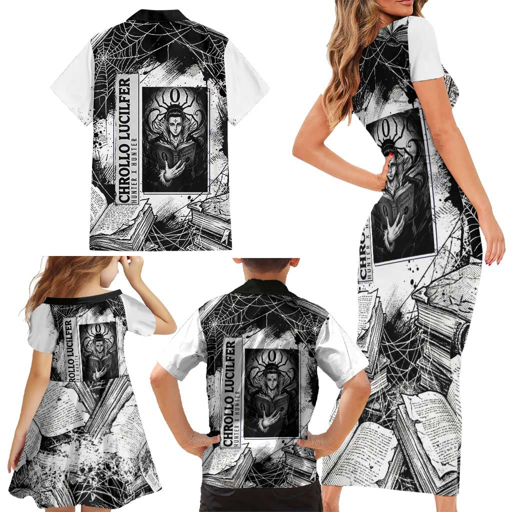Chrollo Lucilfer Gothic Style Family Matching Short Sleeve Bodycon Dress and Hawaiian Shirt with Spider Webs, Grimoire Illustration and Monochrome Design