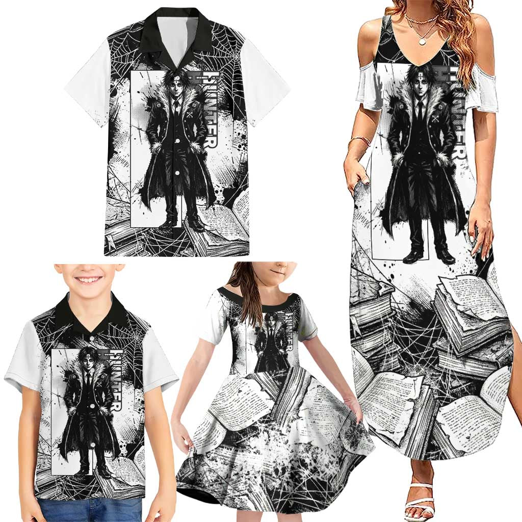 Chrollo Lucilfer Gothic Style Family Matching Summer Maxi Dress and Hawaiian Shirt with Spider Webs, Grimoire Illustration and Monochrome Design