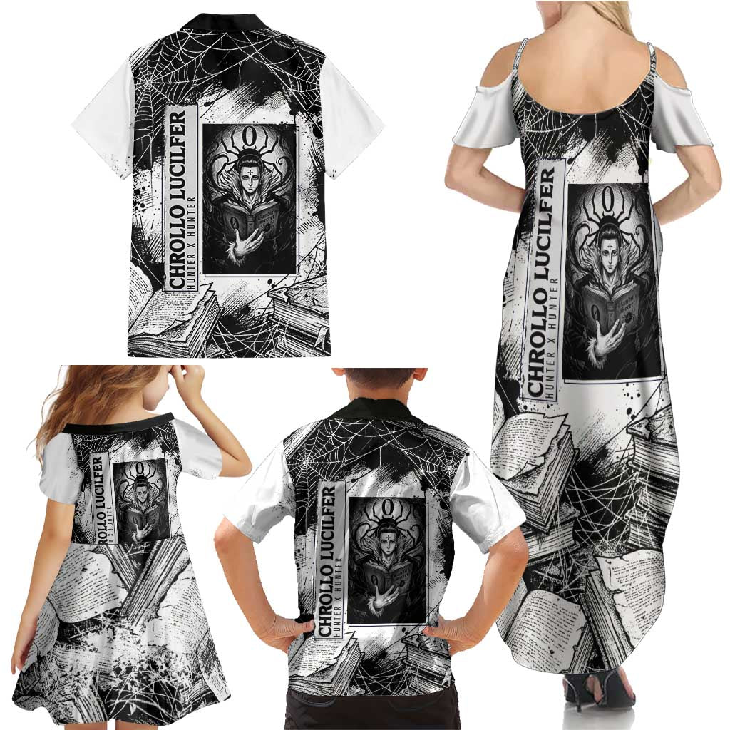 Chrollo Lucilfer Gothic Style Family Matching Summer Maxi Dress and Hawaiian Shirt with Spider Webs, Grimoire Illustration and Monochrome Design
