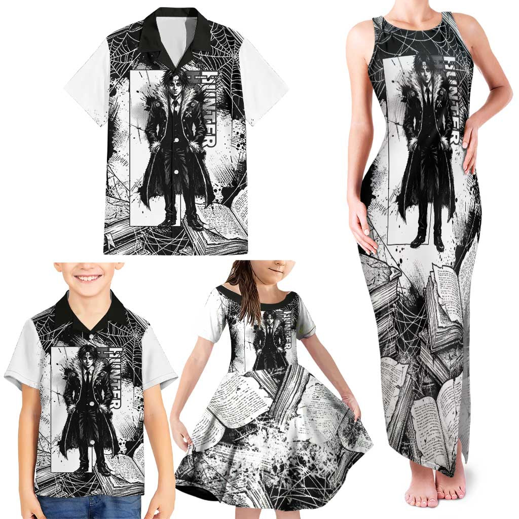 Chrollo Lucilfer Gothic Style Family Matching Tank Maxi Dress and Hawaiian Shirt with Spider Webs, Grimoire Illustration and Monochrome Design