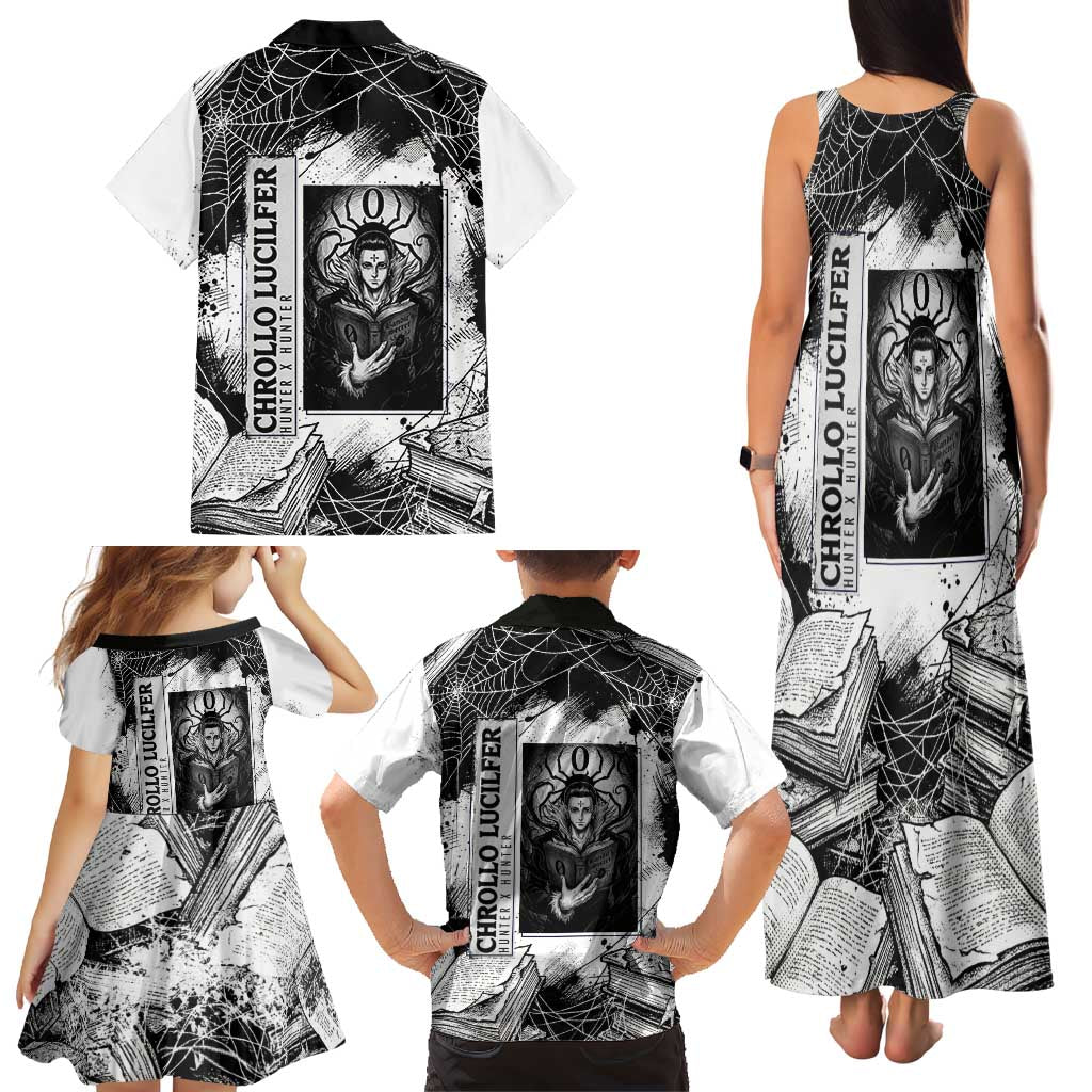 Chrollo Lucilfer Gothic Style Family Matching Tank Maxi Dress and Hawaiian Shirt with Spider Webs, Grimoire Illustration and Monochrome Design
