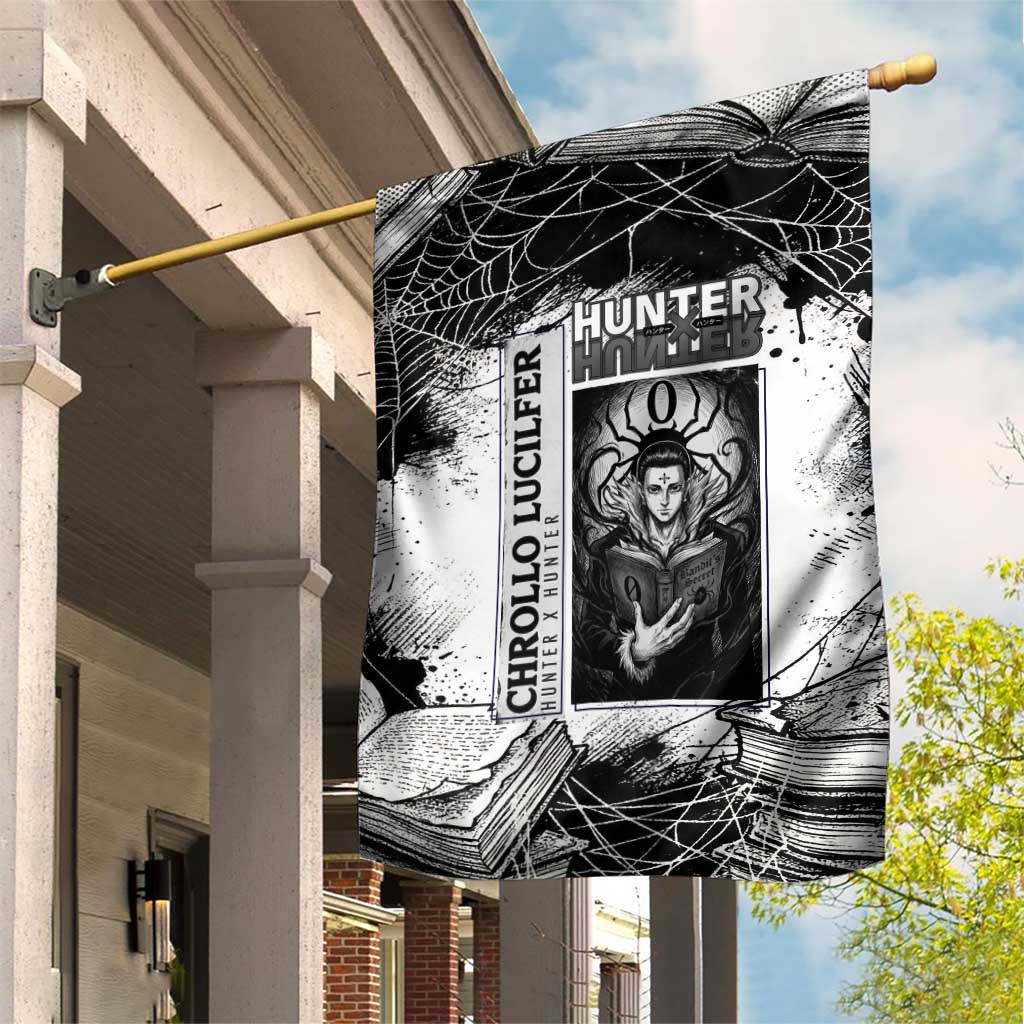 Chrollo Lucilfer Gothic Style Garden Flag with Spider Webs, Grimoire Illustration and Monochrome Design - The Mazicc