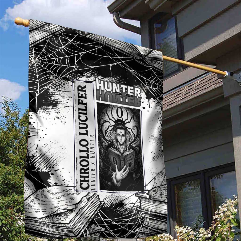 Chrollo Lucilfer Gothic Style Garden Flag with Spider Webs, Grimoire Illustration and Monochrome Design - The Mazicc