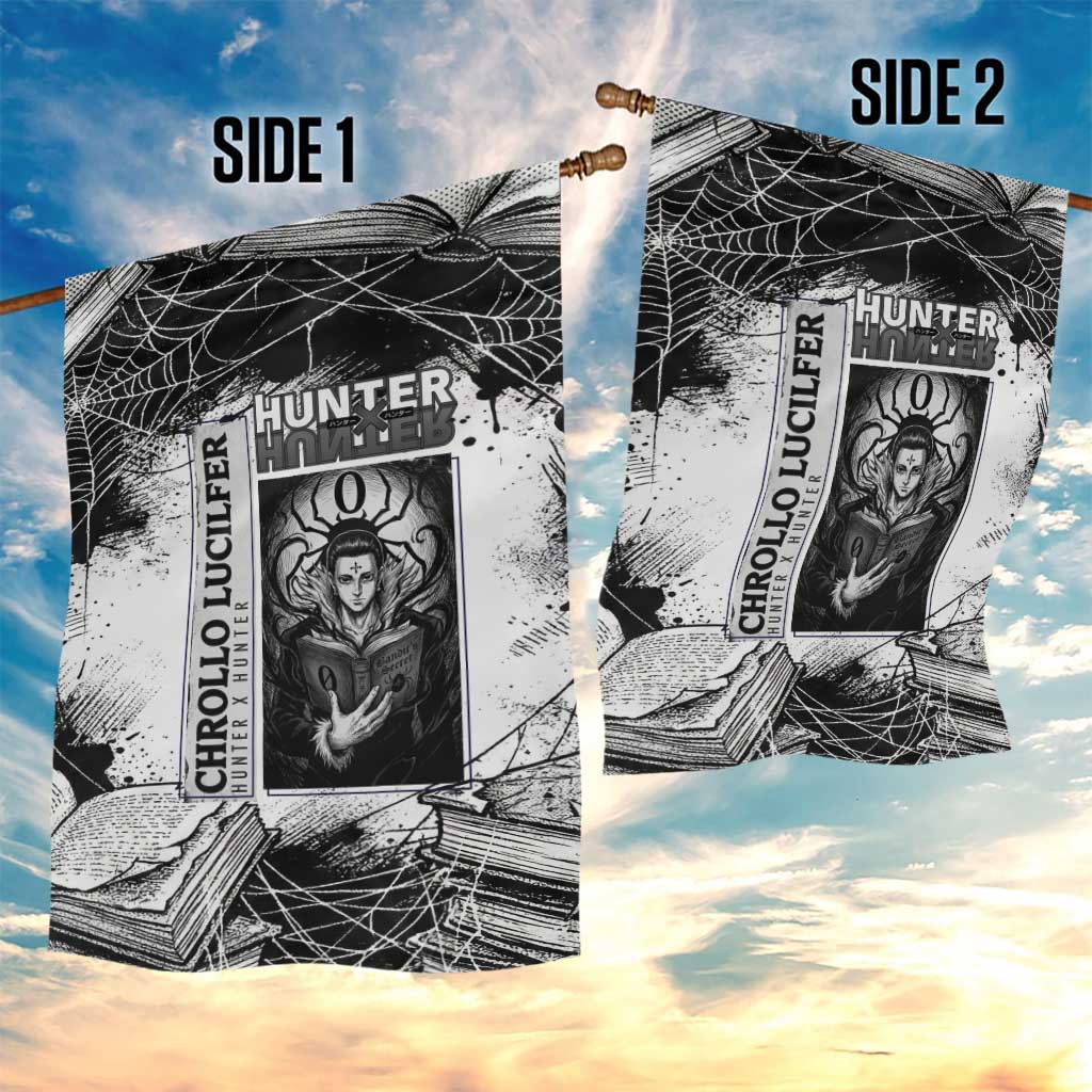 Chrollo Lucilfer Gothic Style Garden Flag with Spider Webs, Grimoire Illustration and Monochrome Design - The Mazicc