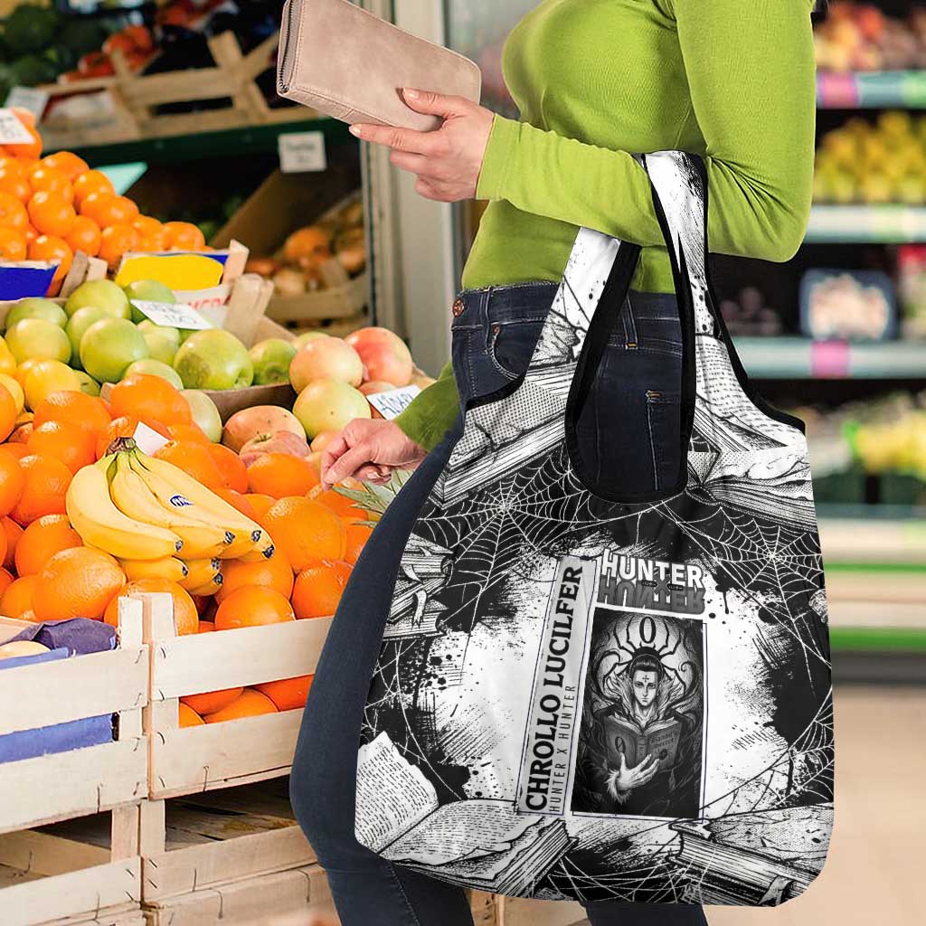 Chrollo Lucilfer Gothic Style Grocery Bag with Spider Webs, Grimoire Illustration and Monochrome Design - The Mazicc