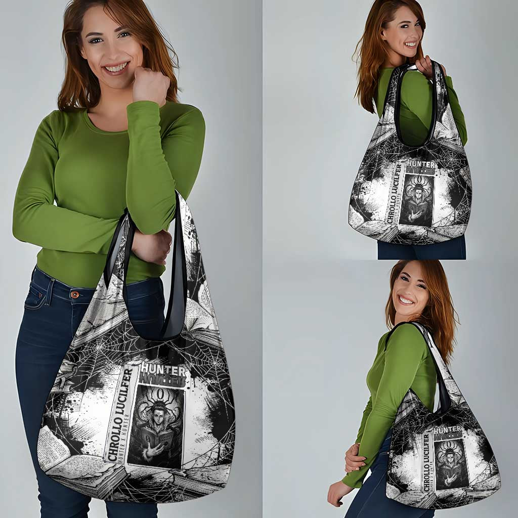 Chrollo Lucilfer Gothic Style Grocery Bag with Spider Webs, Grimoire Illustration and Monochrome Design - The Mazicc