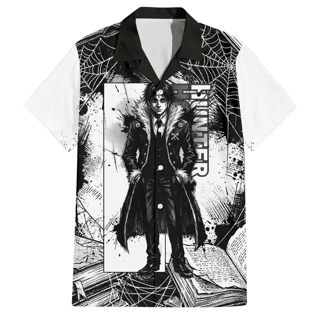Chrollo Lucilfer Gothic Style Hawaiian Shirt with Spider Webs, Grimoire Illustration and Monochrome Design - The Mazicc