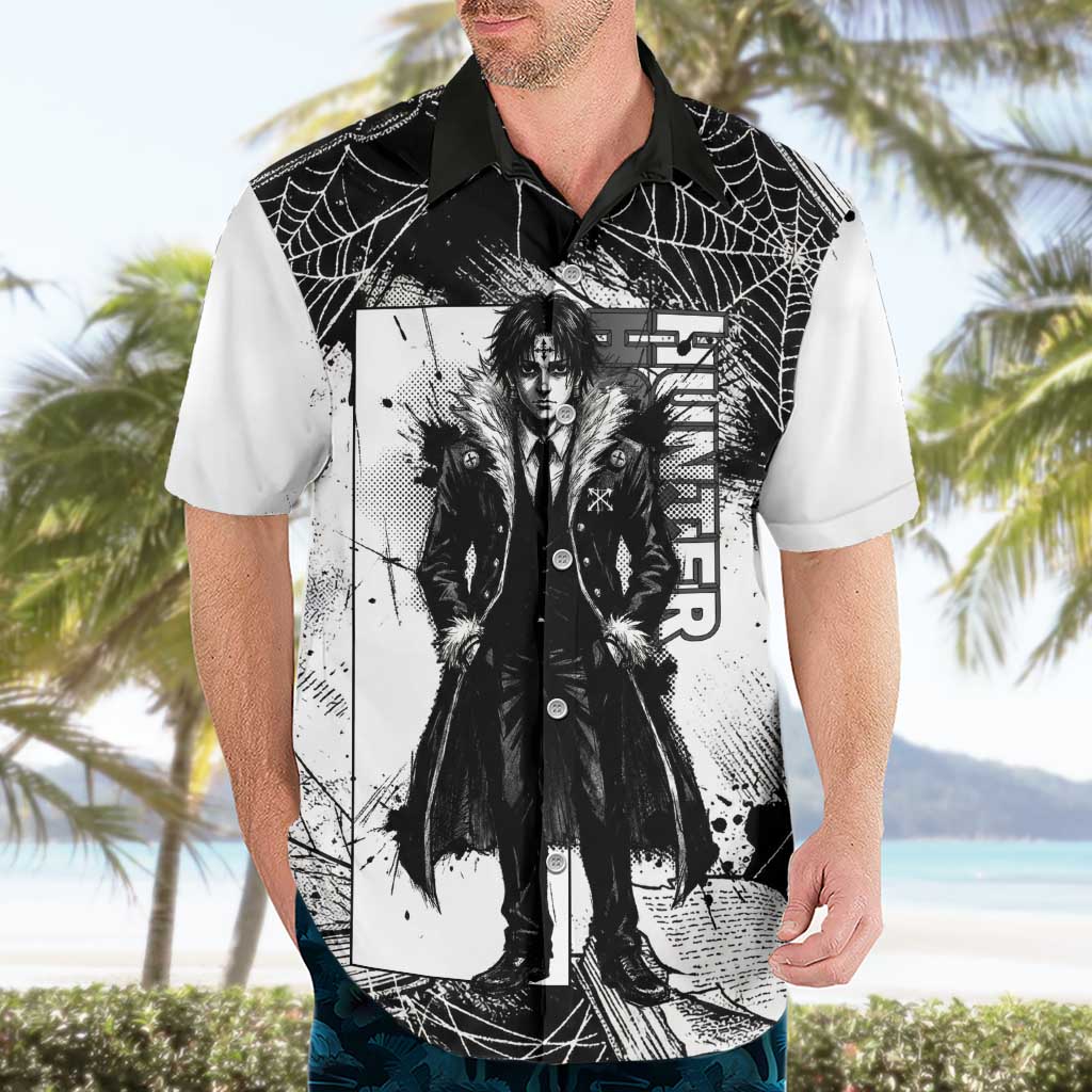 Chrollo Lucilfer Gothic Style Hawaiian Shirt with Spider Webs, Grimoire Illustration and Monochrome Design - The Mazicc