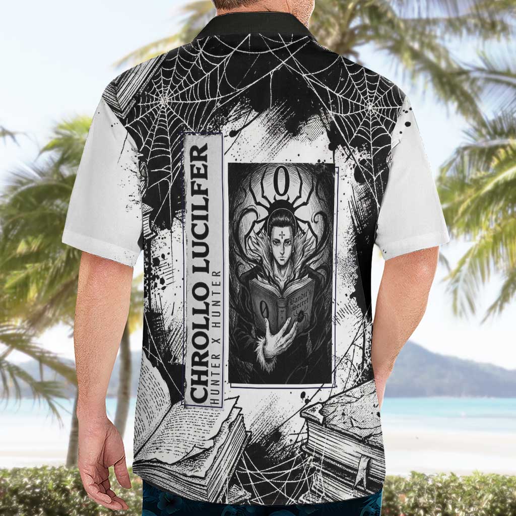 Chrollo Lucilfer Gothic Style Hawaiian Shirt with Spider Webs, Grimoire Illustration and Monochrome Design - The Mazicc