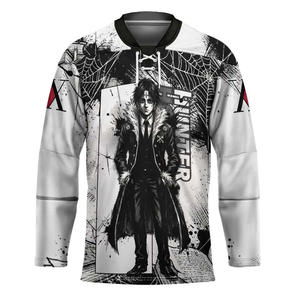 Chrollo Lucilfer Gothic Style Hockey Jersey with Spider Webs, Grimoire Illustration and Monochrome Design - The Mazicc