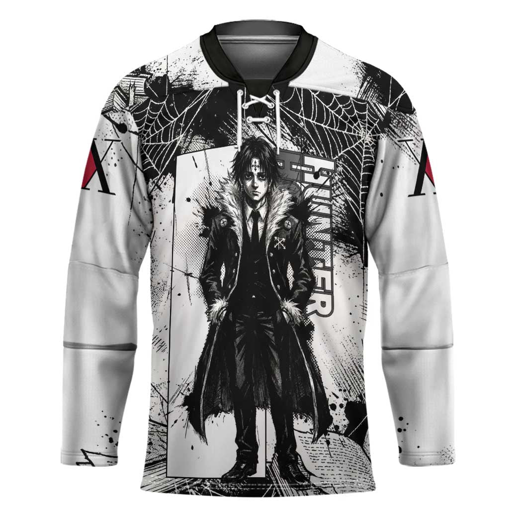 Chrollo Lucilfer Gothic Style Hockey Jersey with Spider Webs, Grimoire Illustration and Monochrome Design - The Mazicc