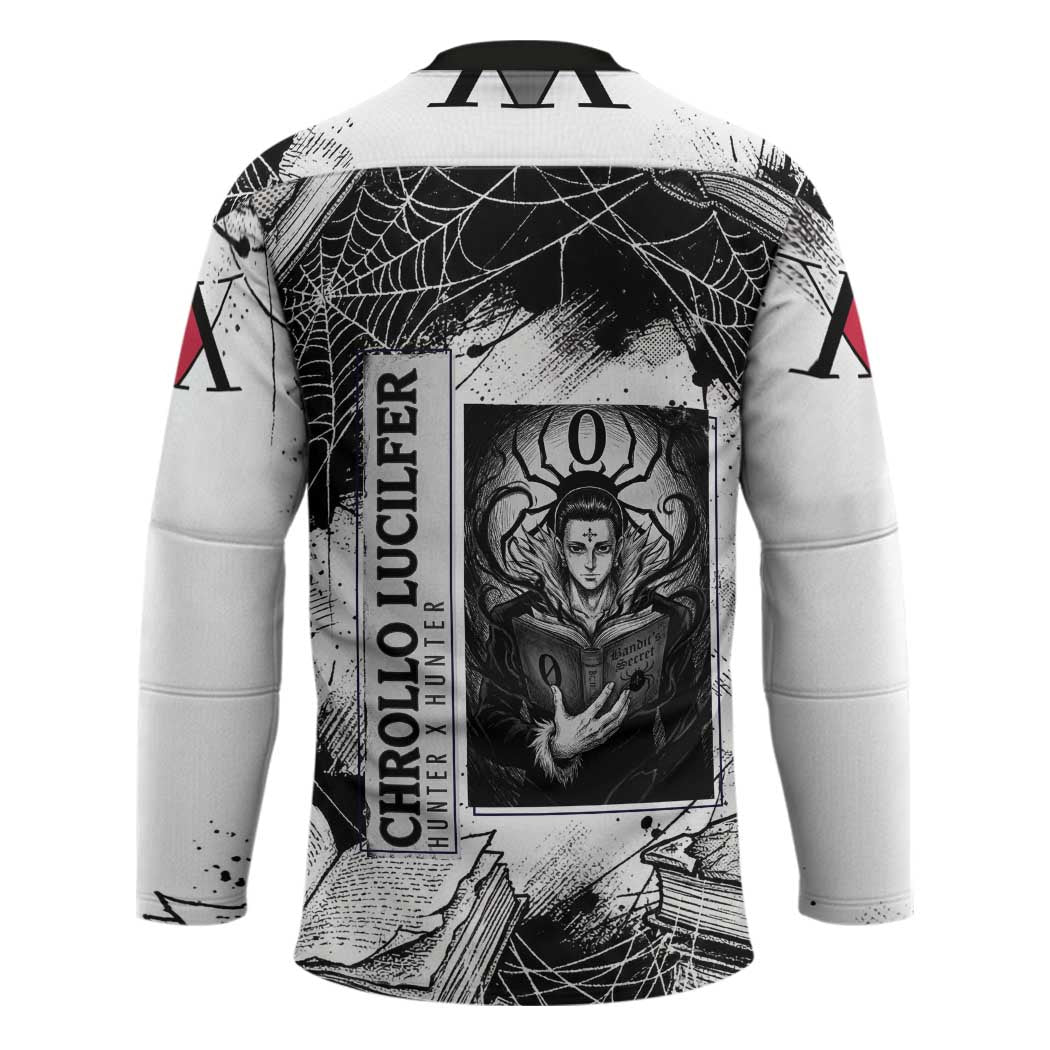 Chrollo Lucilfer Gothic Style Hockey Jersey with Spider Webs, Grimoire Illustration and Monochrome Design - The Mazicc