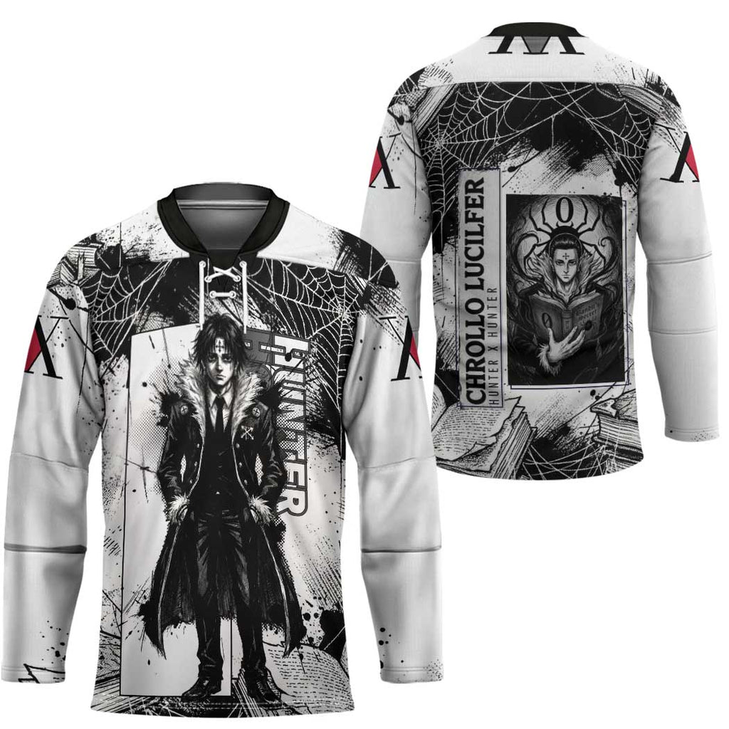 Chrollo Lucilfer Gothic Style Hockey Jersey with Spider Webs, Grimoire Illustration and Monochrome Design - The Mazicc