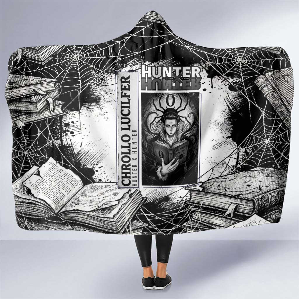 Chrollo Lucilfer Gothic Style Hooded Blanket with Spider Webs, Grimoire Illustration and Monochrome Design - The Mazicc