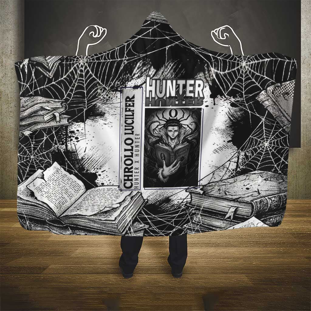 Chrollo Lucilfer Gothic Style Hooded Blanket with Spider Webs, Grimoire Illustration and Monochrome Design - The Mazicc