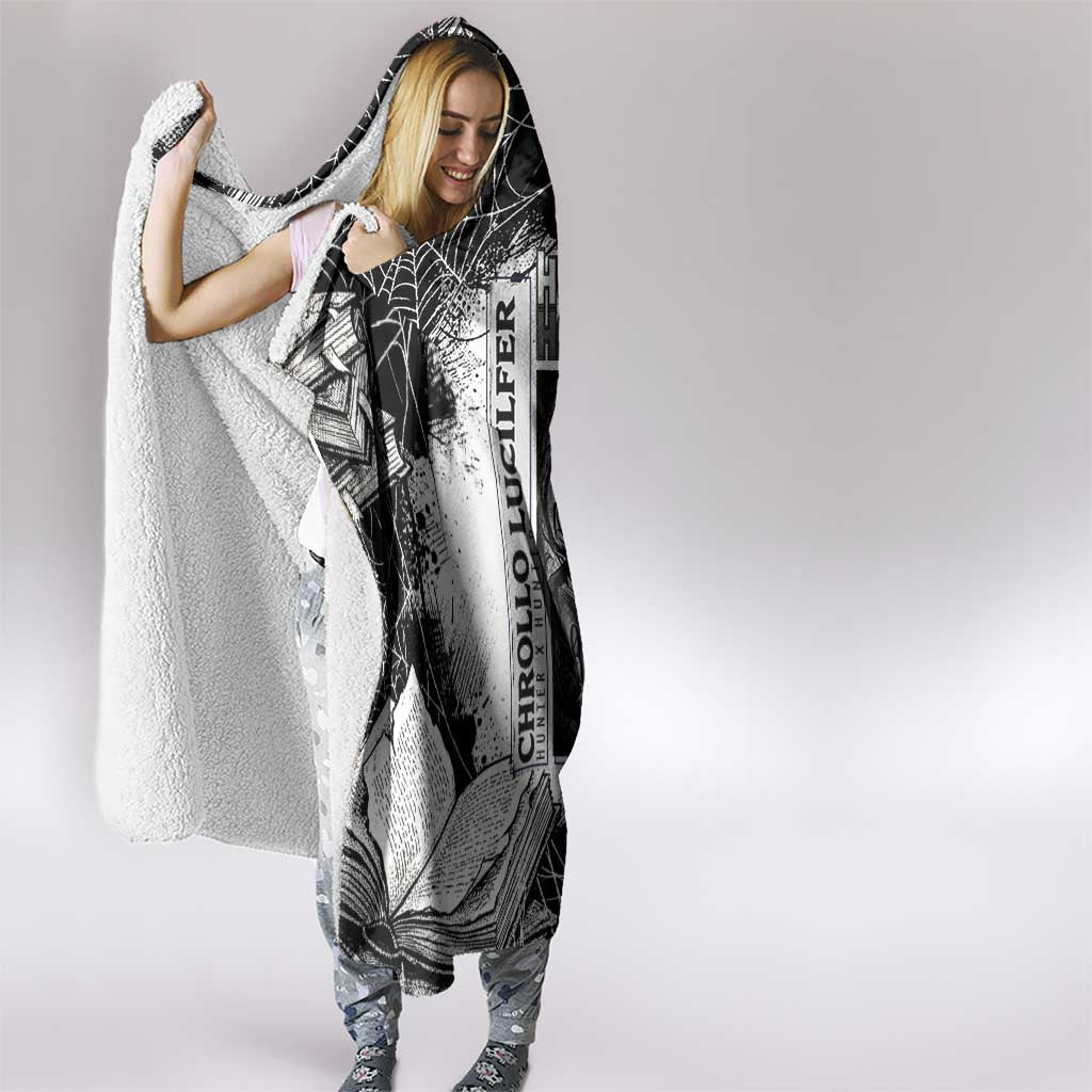 Chrollo Lucilfer Gothic Style Hooded Blanket with Spider Webs, Grimoire Illustration and Monochrome Design - The Mazicc