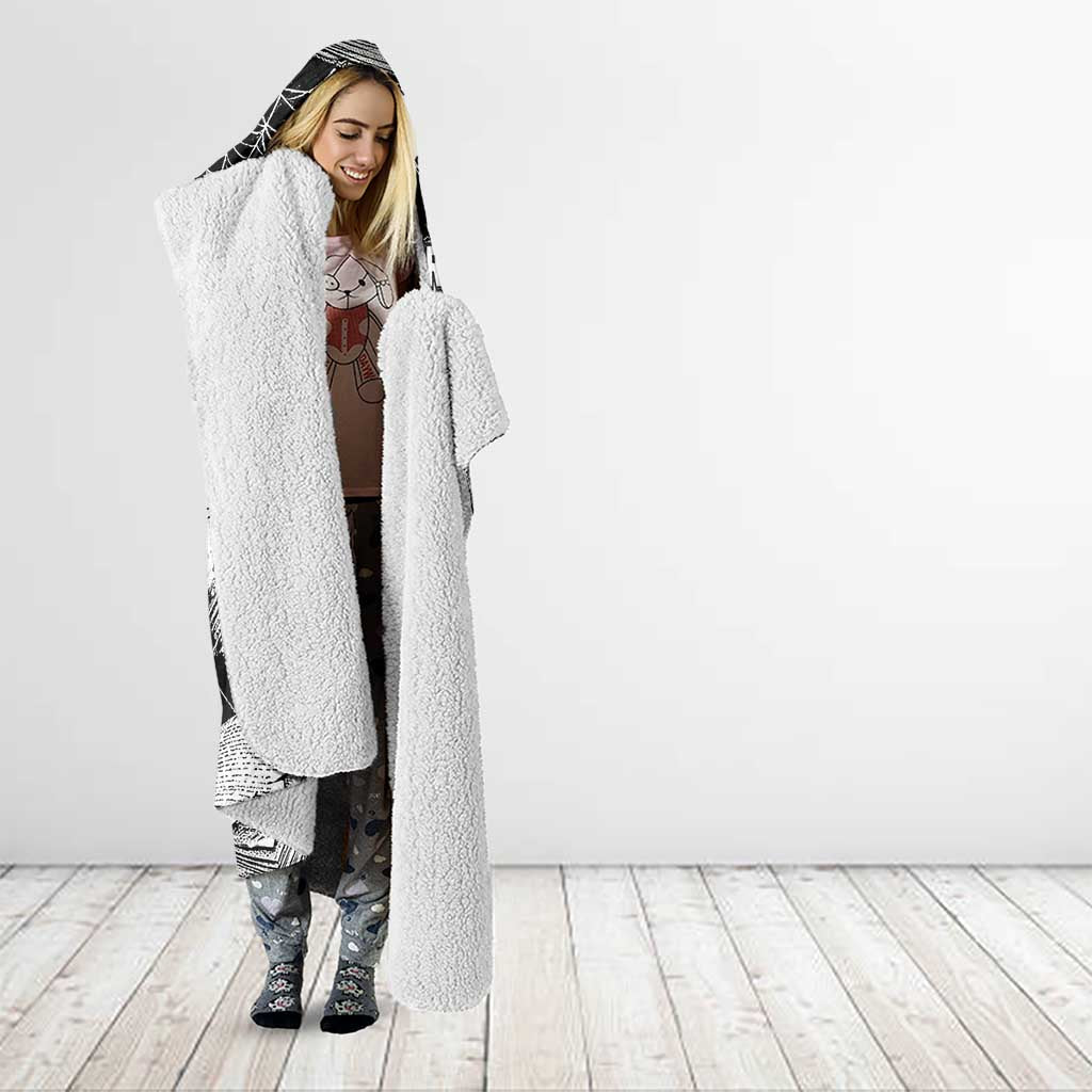 Chrollo Lucilfer Gothic Style Hooded Blanket with Spider Webs, Grimoire Illustration and Monochrome Design - The Mazicc
