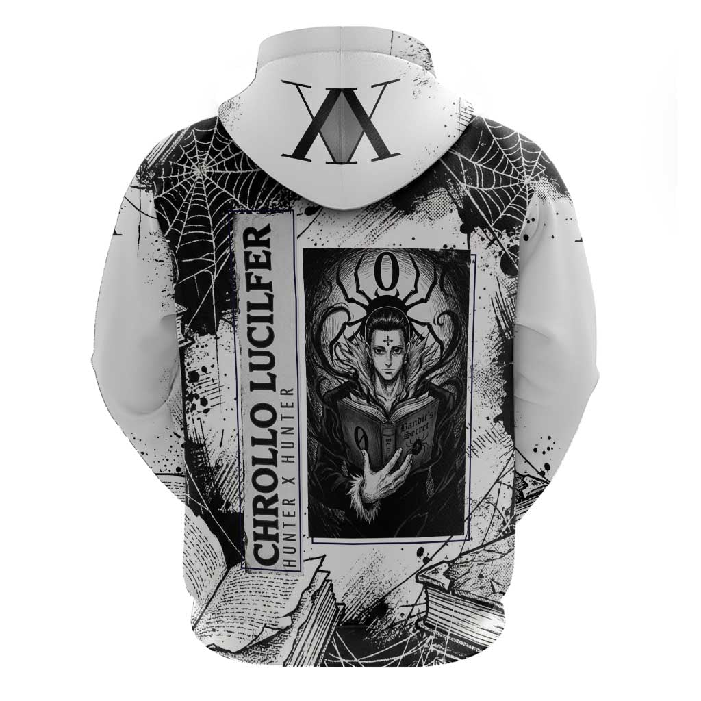 Chrollo Lucilfer Gothic Style Hoodie with Spider Webs, Grimoire Illustration and Monochrome Design - The Mazicc