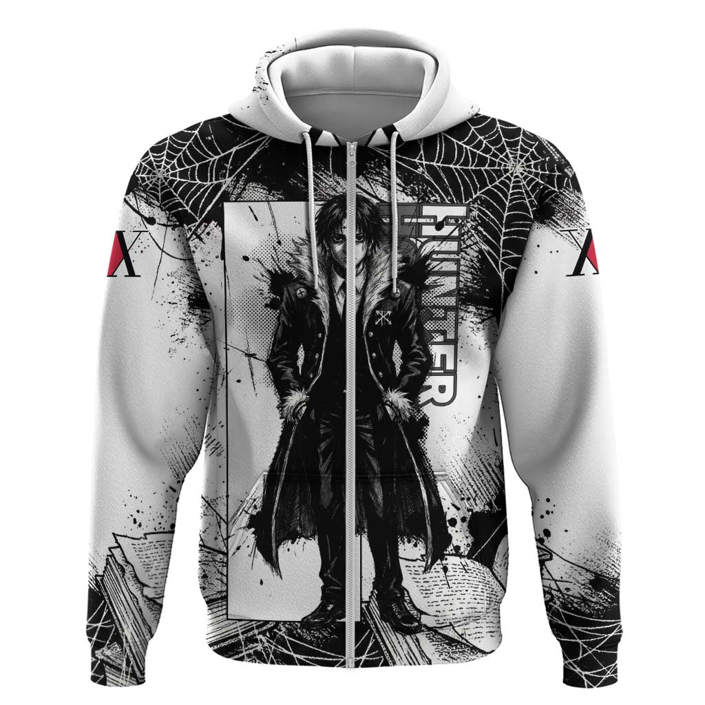 Chrollo Lucilfer Gothic Style Hoodie with Spider Webs, Grimoire Illustration and Monochrome Design - The Mazicc