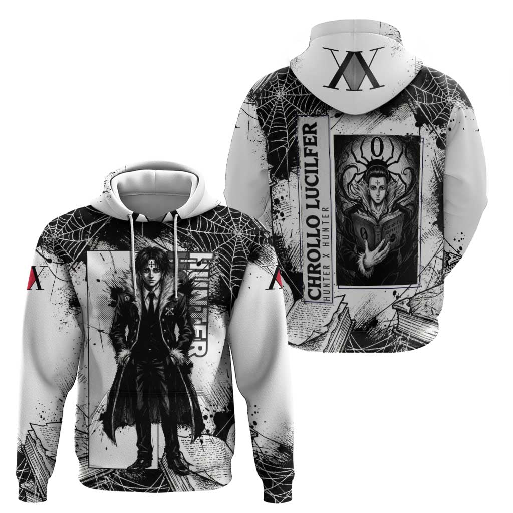 Chrollo Lucilfer Gothic Style Hoodie with Spider Webs, Grimoire Illustration and Monochrome Design - The Mazicc