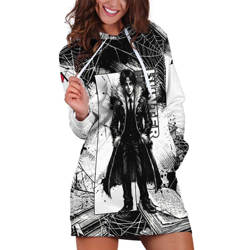 Chrollo Lucilfer Gothic Style Hoodie Dress with Spider Webs, Grimoire Illustration and Monochrome Design - The Mazicc