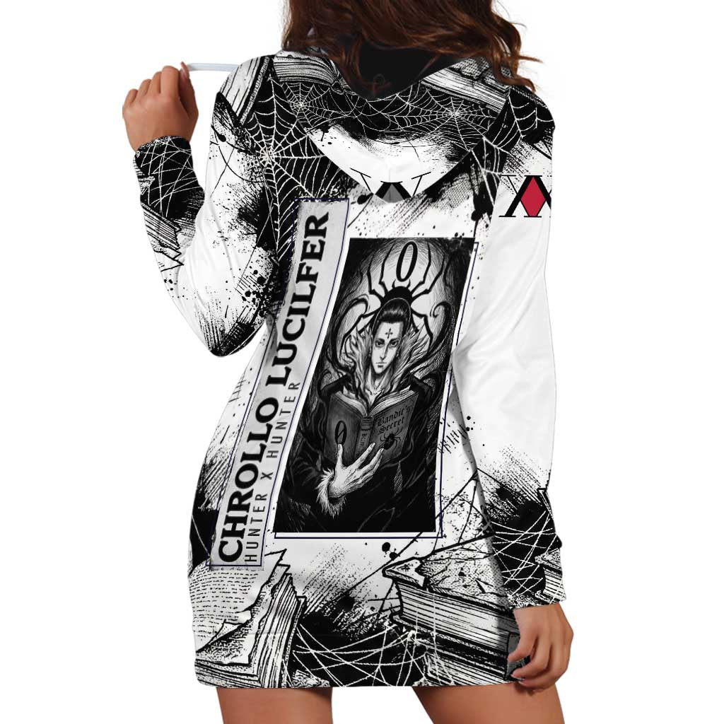 Chrollo Lucilfer Gothic Style Hoodie Dress with Spider Webs, Grimoire Illustration and Monochrome Design - The Mazicc