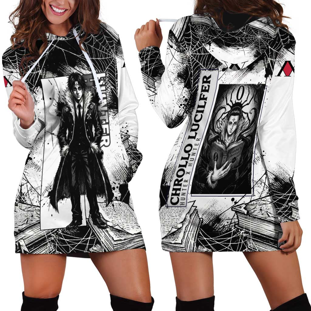 Chrollo Lucilfer Gothic Style Hoodie Dress with Spider Webs, Grimoire Illustration and Monochrome Design - The Mazicc