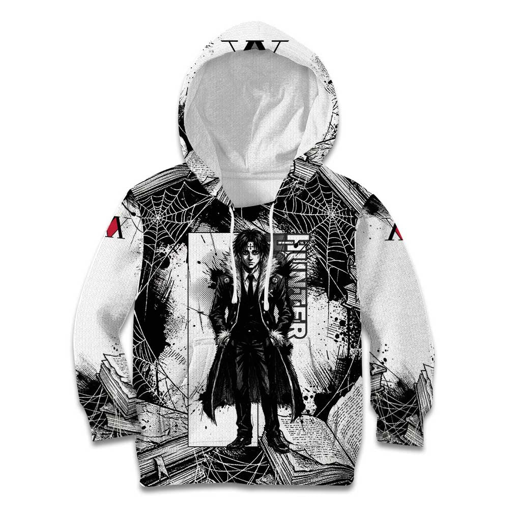 Chrollo Lucilfer Gothic Style Kid Hoodie with Spider Webs, Grimoire Illustration and Monochrome Design - The Mazicc