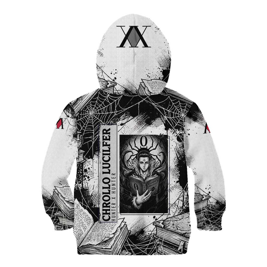 Chrollo Lucilfer Gothic Style Kid Hoodie with Spider Webs, Grimoire Illustration and Monochrome Design - The Mazicc